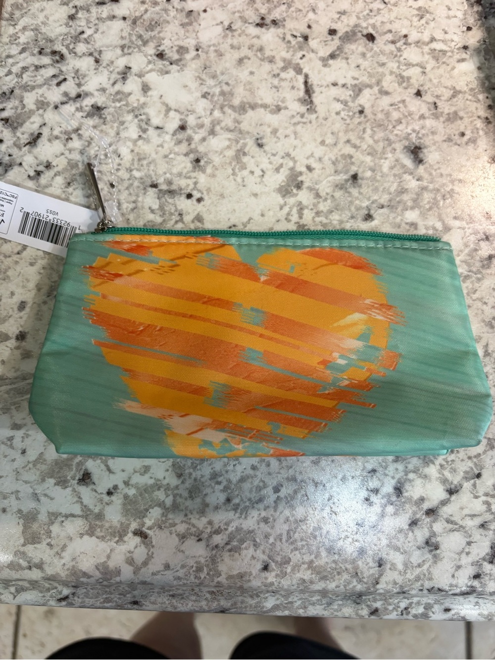 Clinique Teal Cosmetic Pouch with Orange Heart Graphic